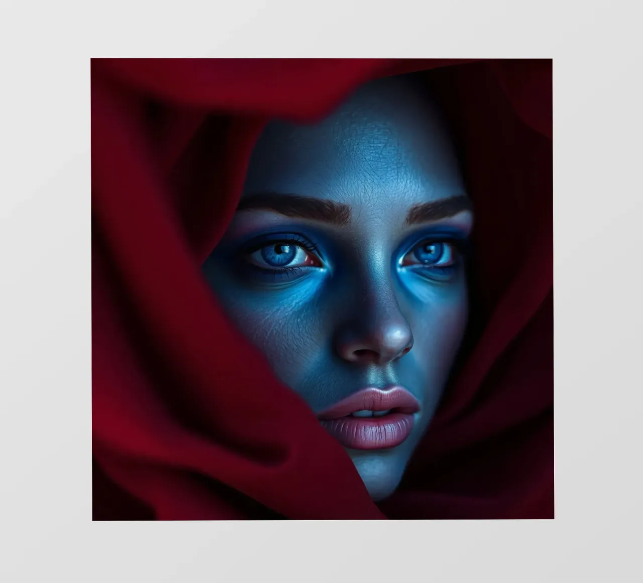 Donna enigmatica, con trucco blu e drappeggio cremisi, di grande effetto telo in pvc da DesignDoodle