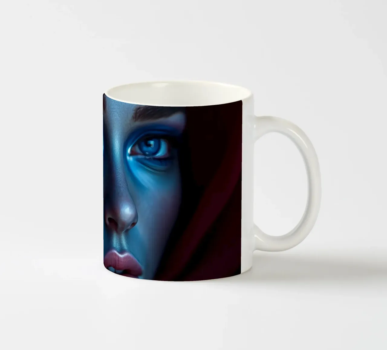 Donna enigmatica, con trucco blu e drappeggio cremisi, di grande effetto tazza in ceramica da DesignDoodle