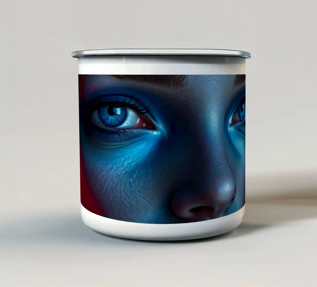 Donna enigmatica, con trucco blu e drappeggio cremisi, di grande effetto tazza in smalto da DesignDoodle