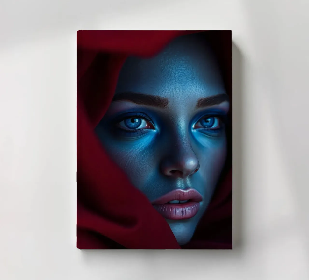 Donna enigmatica, con trucco blu e drappeggio cremisi, di grande effetto diario da DesignDoodle