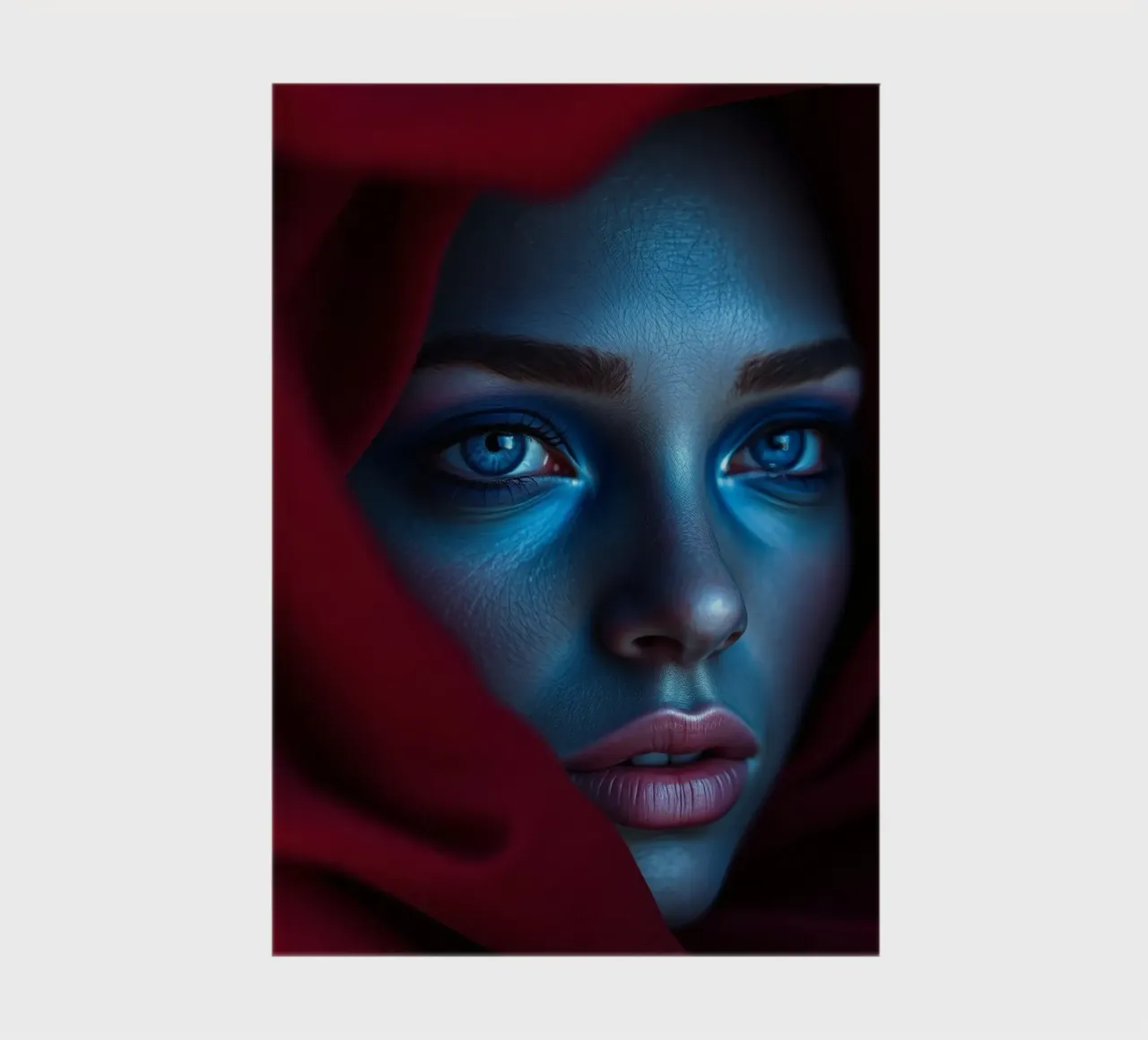Donna enigmatica, con trucco blu e drappeggio cremisi, di grande effetto diario da DesignDoodle