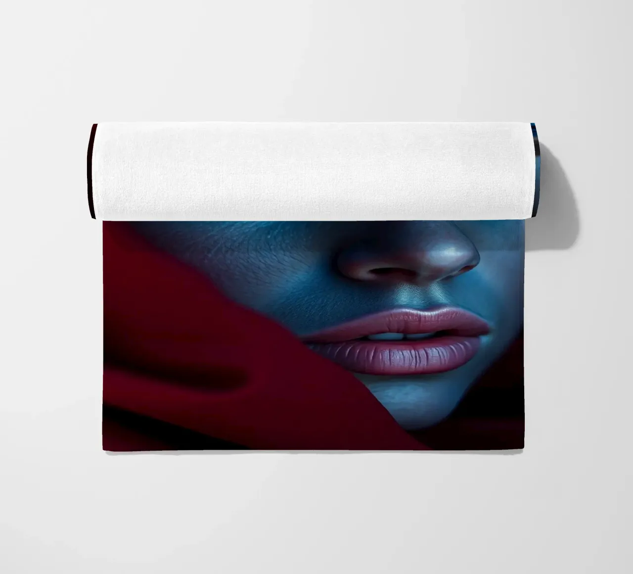 Donna enigmatica, con trucco blu e drappeggio cremisi, di grande effetto telo mare da DesignDoodle