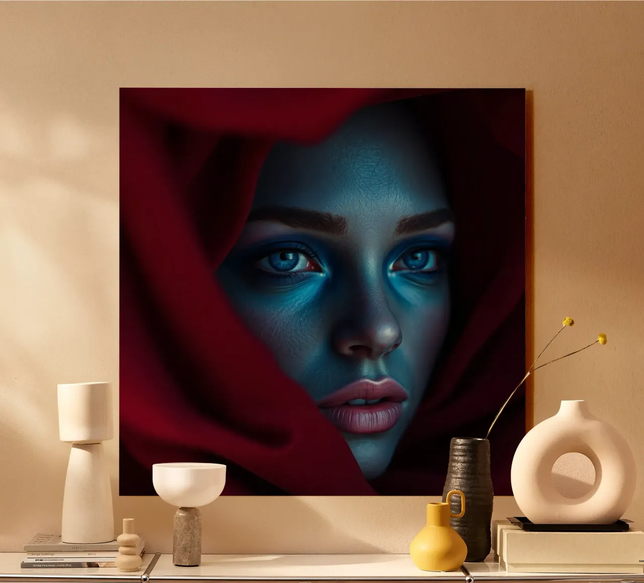 Donna enigmatica, con trucco blu e drappeggio cremisi, di grande effetto alluminio dibond da DesignDoodle