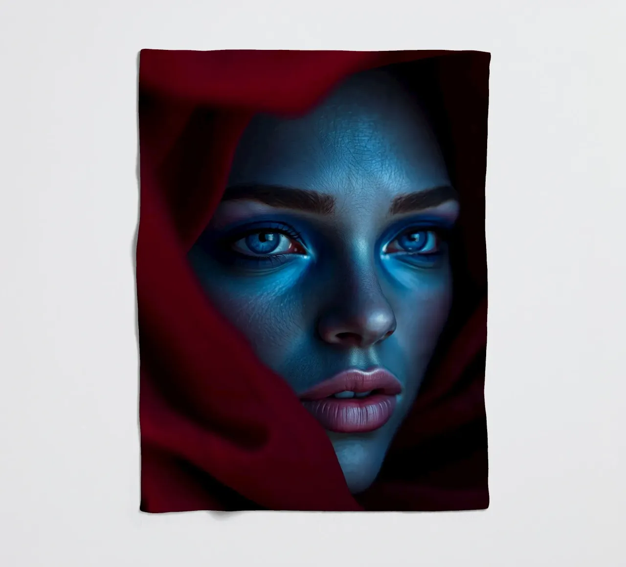 Donna enigmatica, con trucco blu e drappeggio cremisi, di grande effetto coperta in pile da DesignDoodle