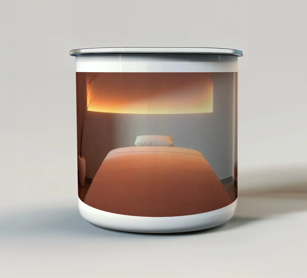 Sala per trattamenti termali rilassante con luci soffuse e minimalismo tazza in smalto da DesignDoodle