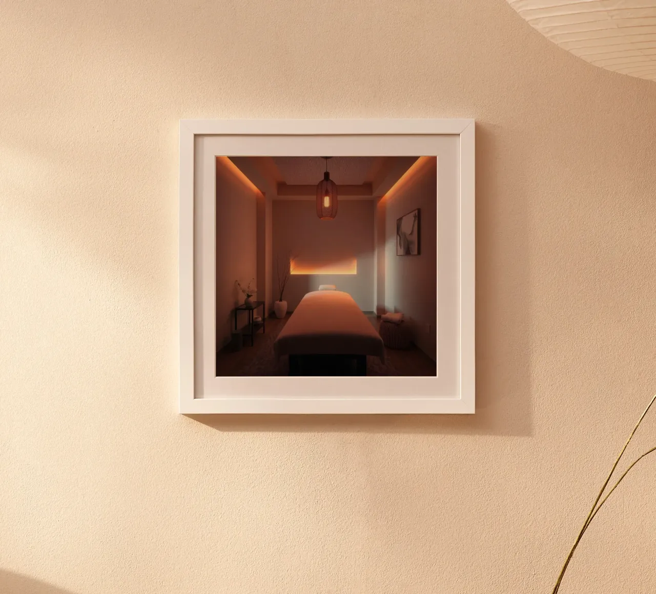 Sala per trattamenti termali rilassante con luci soffuse e minimalismo poster da DesignDoodle