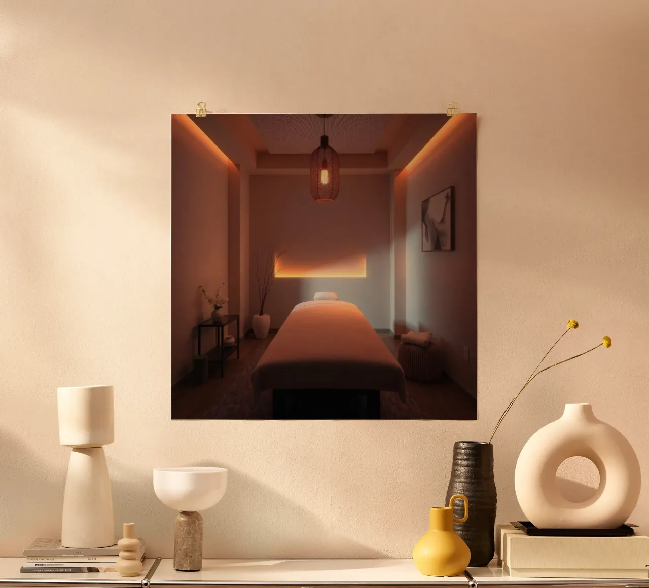 Sala per trattamenti termali rilassante con luci soffuse e minimalismo poster da DesignDoodle