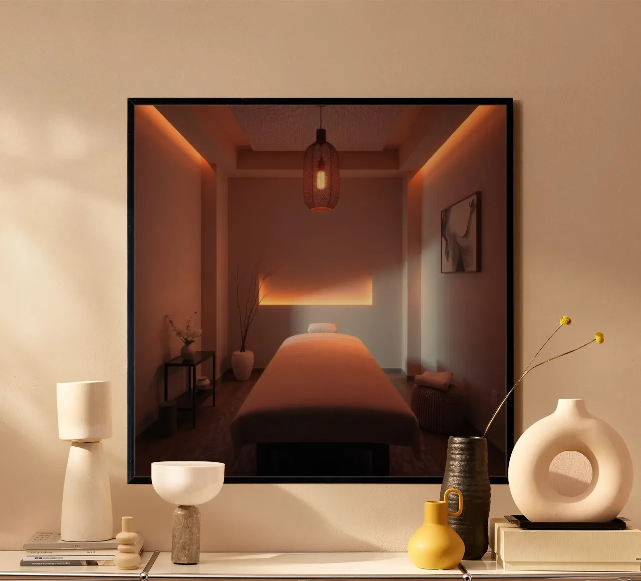 Sala per trattamenti termali rilassante con luci soffuse e minimalismo poster da DesignDoodle