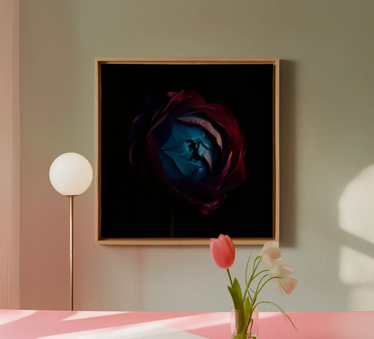 Vibrant rose with illuminated blue center intricate petal canvas with Floater frame by DesignDoodle
