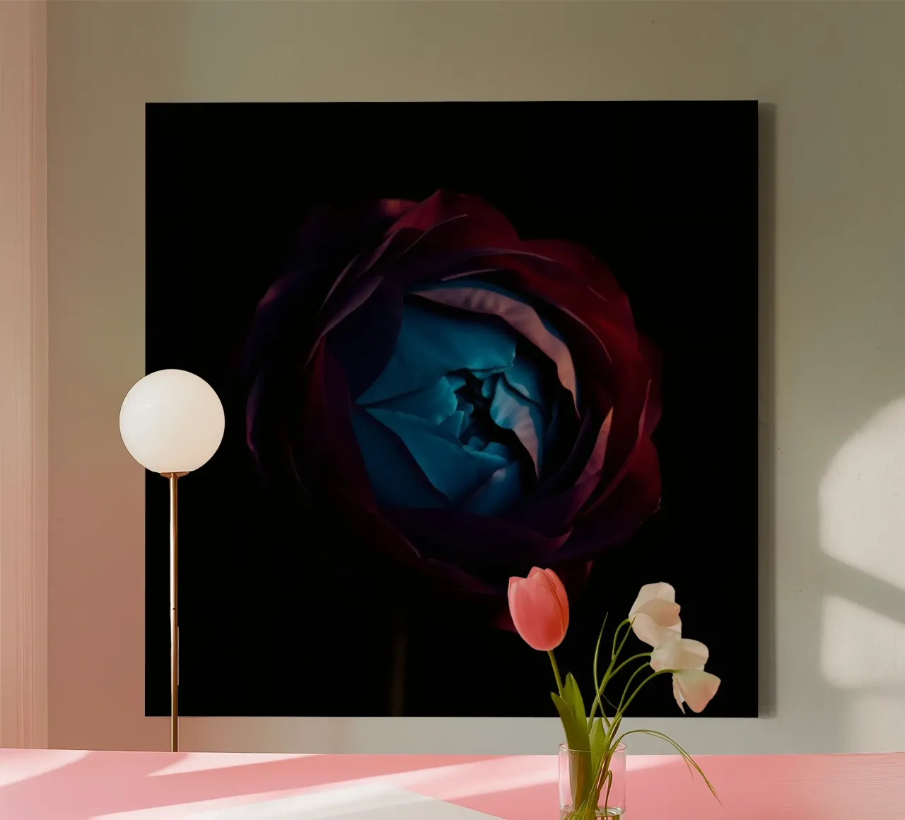 Vibrant rose with illuminated blue center intricate petal canvas with Floater frame by DesignDoodle