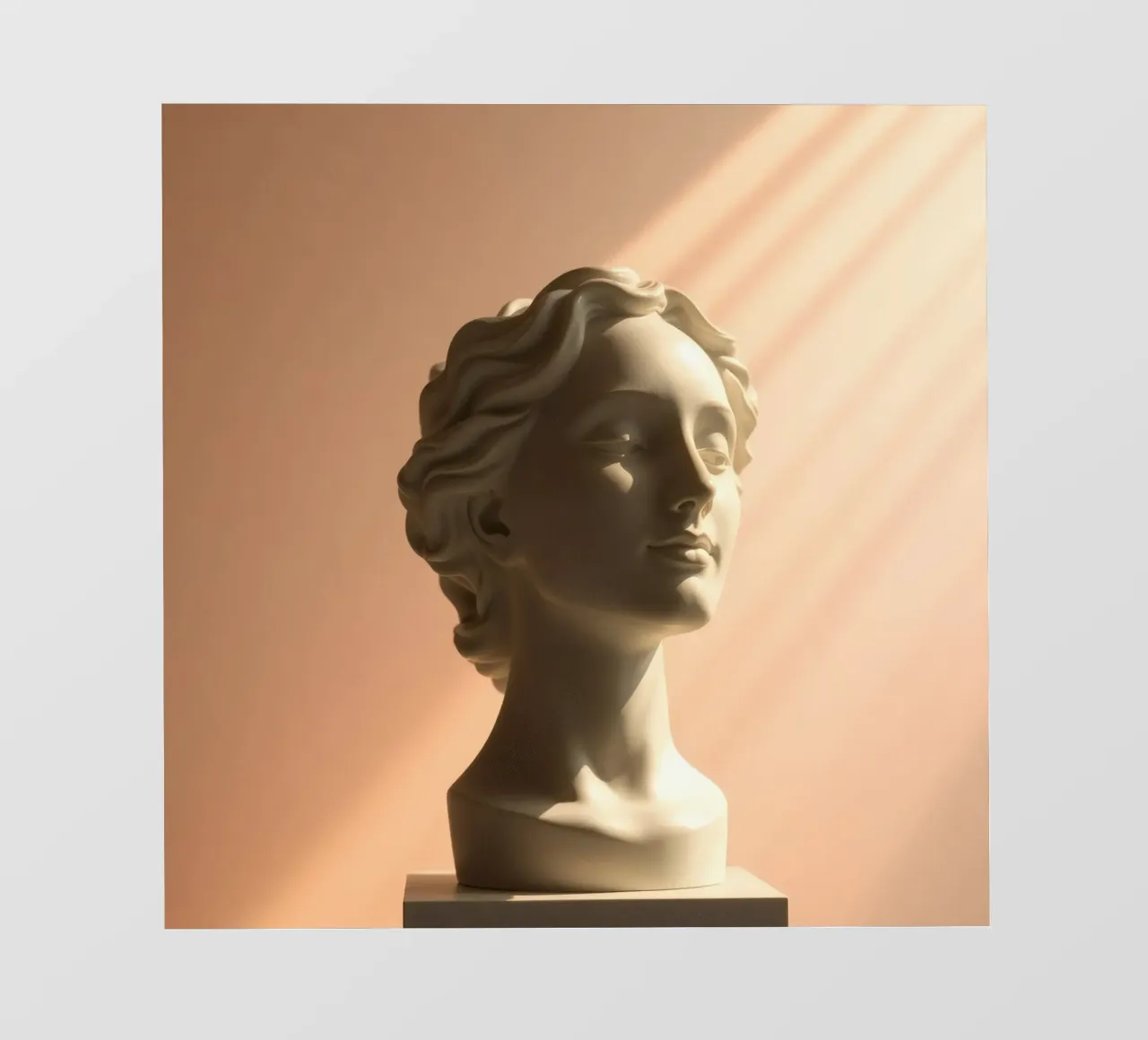 Scultura in marmo bianco di una testa di donna illuminata da una luce soffusa. pellicola backlit da DesignDoodle