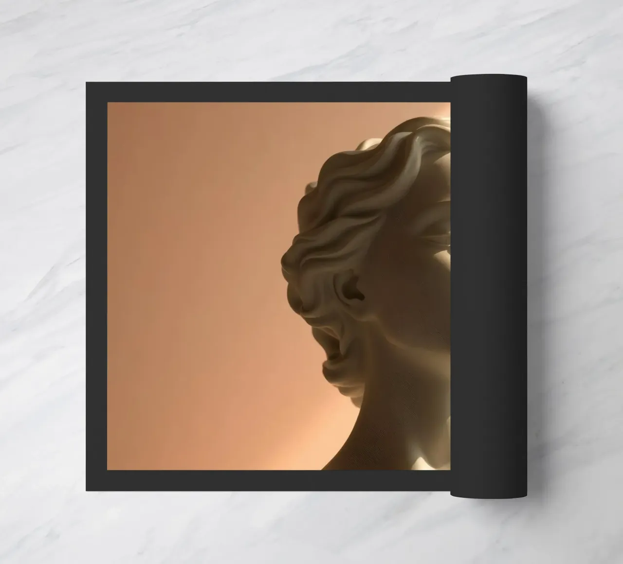 Scultura in marmo bianco di una testa di donna illuminata da una luce soffusa. zerbino da DesignDoodle
