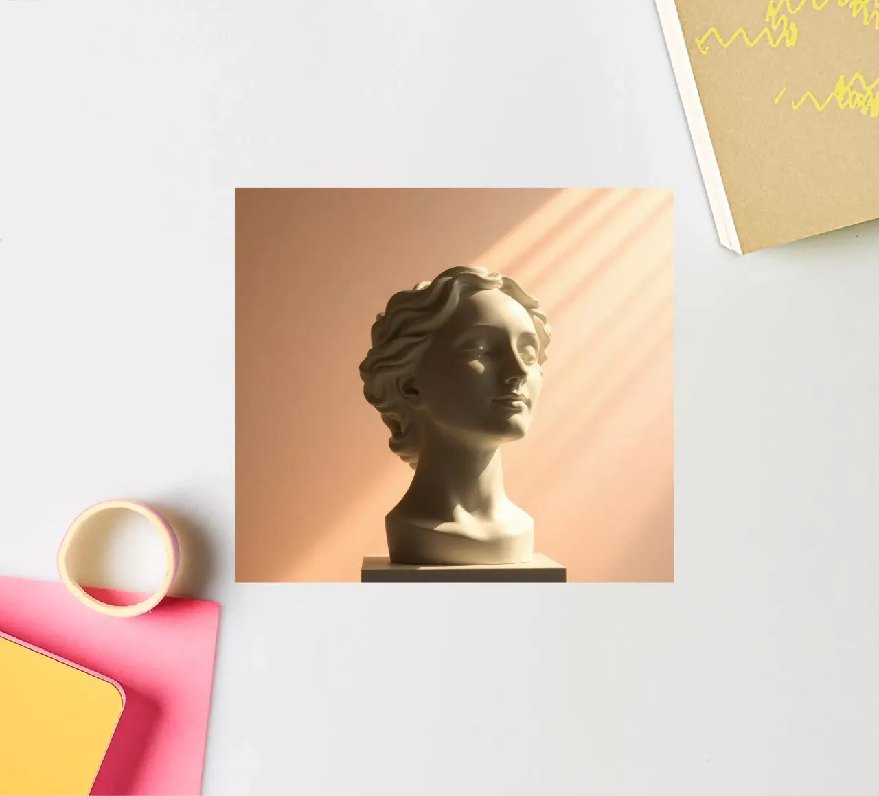 Sculpture en marbre blanc représentant une tête de femme éclairée par une lumière douce. autocollant de DesignDoodle