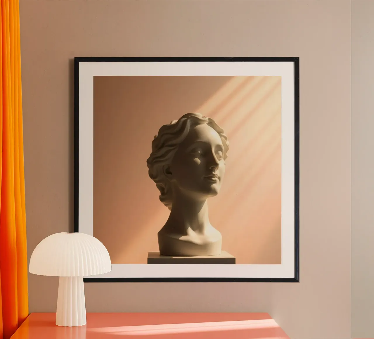 Scultura in marmo bianco di una testa di donna illuminata da una luce soffusa. carta hahnemühle da DesignDoodle
