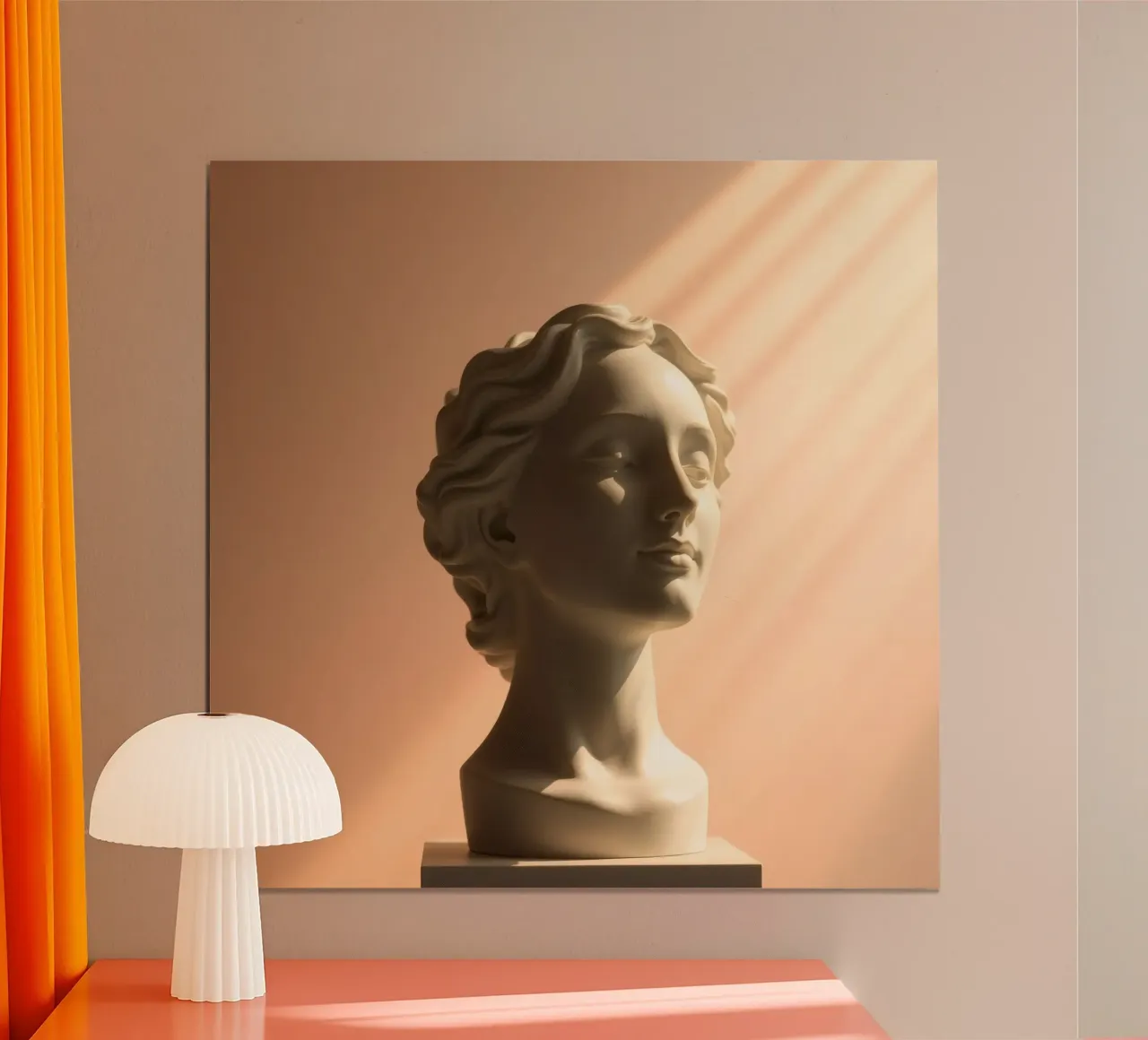 Scultura in marmo bianco di una testa di donna illuminata da una luce soffusa. carta hahnemühle da DesignDoodle