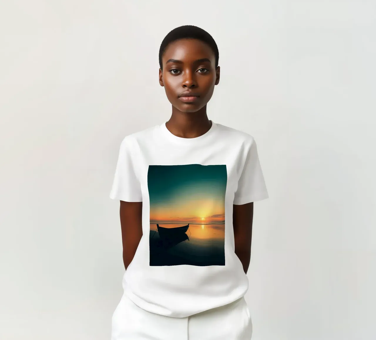 Silhouet boot rustend op kalm water bij zonsondergang met vibran t-shirt van DesignDoodle