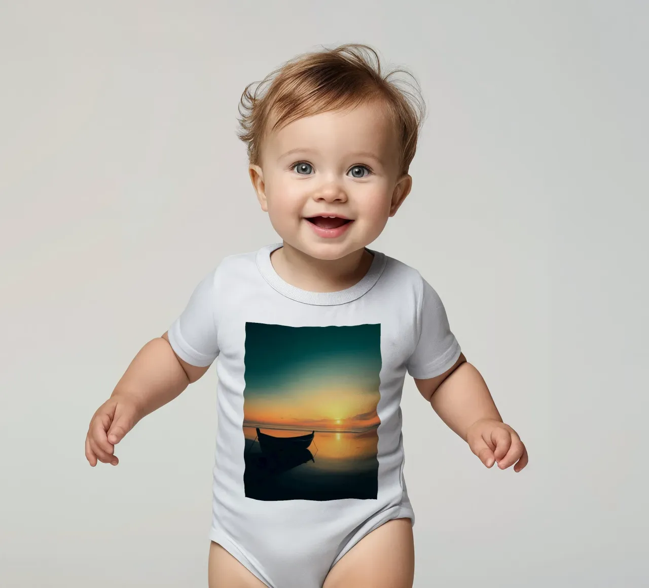 Silhouet boot rustend op kalm water bij zonsondergang met vibran babyrompertje korte mouwen van DesignDoodle
