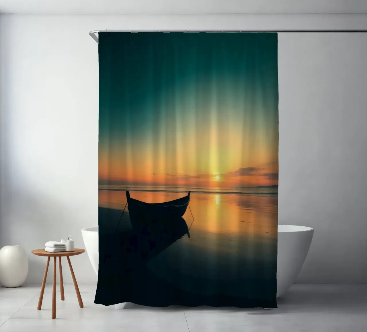 Silhouet boot rustend op kalm water bij zonsondergang met vibran douchegordijn van DesignDoodle