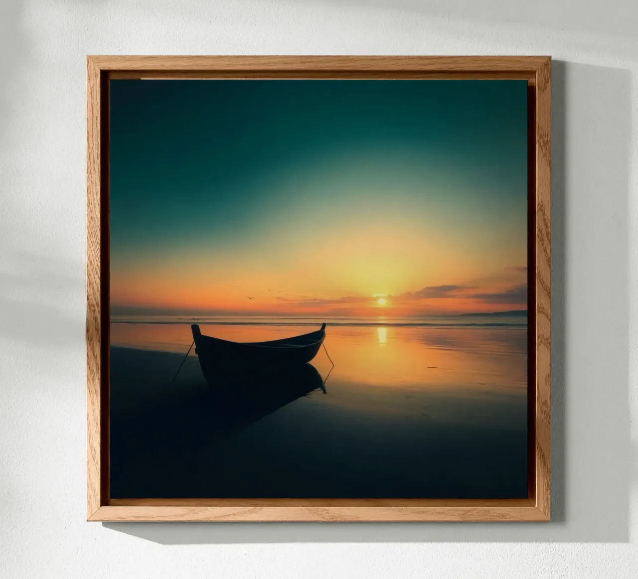 Barca sagomata che riposa sull'acqua calma al tramonto con vibrazioni e colori. alluminio dibond da DesignDoodle