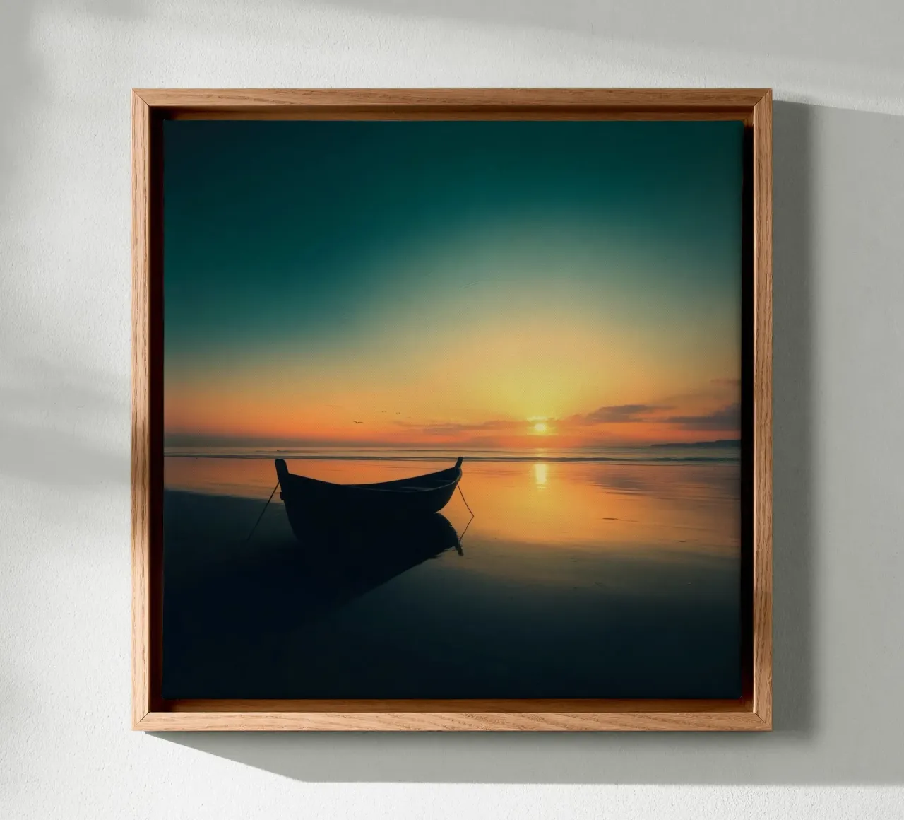 Silhouet boot rustend op kalm water bij zonsondergang met vibran canvas van DesignDoodle
