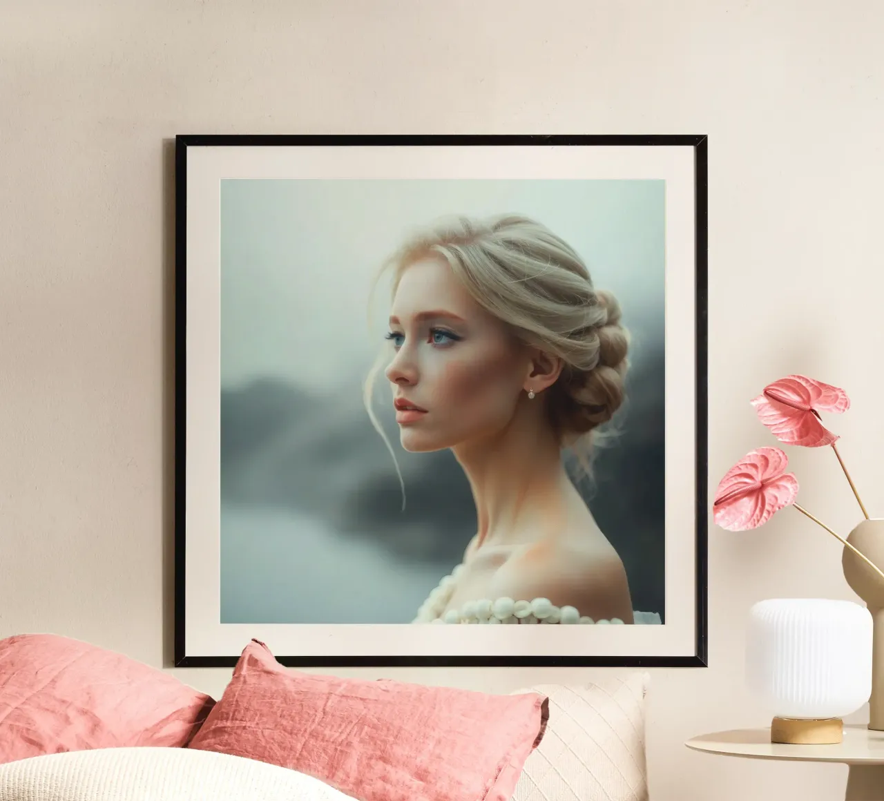 Porträt einer Frau mit eleganter Flechtfrisur Poster mit Aluminium Rahmen von DesignDoodle