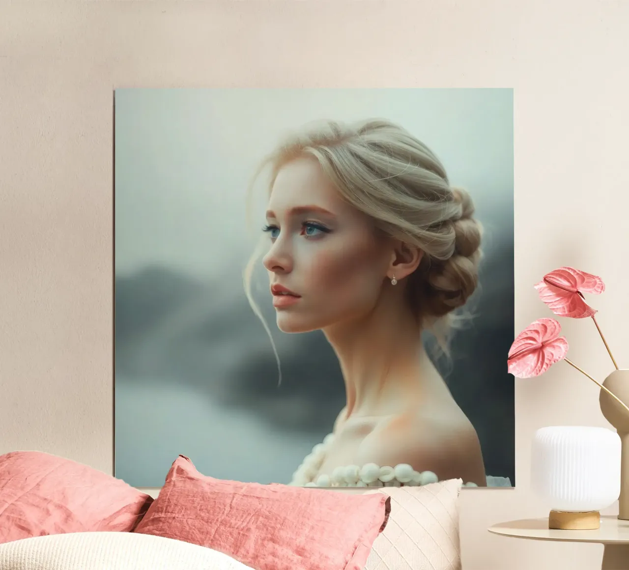 Porträt einer Frau mit eleganter Flechtfrisur Poster mit Aluminium Rahmen von DesignDoodle
