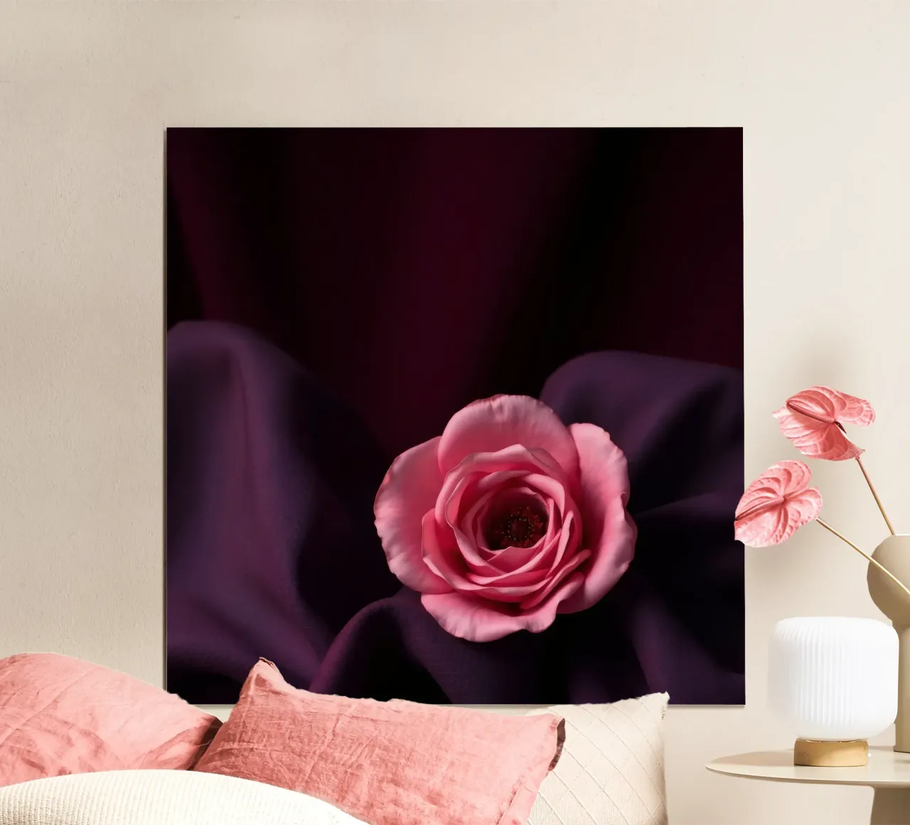 Elegante rosa appoggiata su un ricco tessuto viola poster con telaio in legno da DesignDoodle