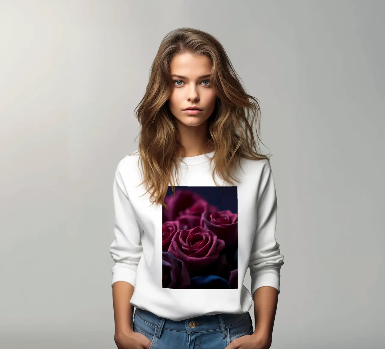 Bouquets of deep red roses arranged artfully in low light sweatshirt by DesignDoodle