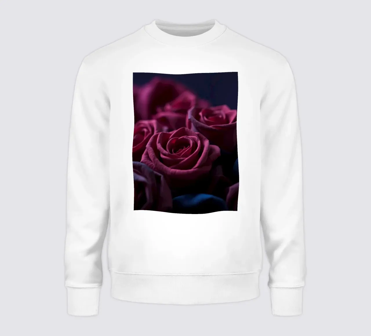 Bouquets of deep red roses arranged artfully in low light sweatshirt by DesignDoodle