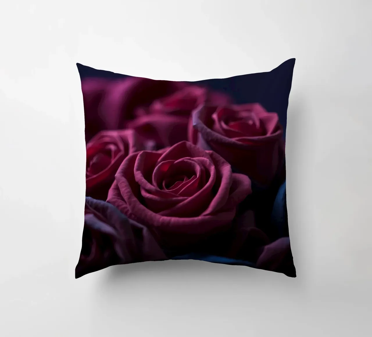 Bouquets of deep red roses arranged artfully in low light decorative cushion by DesignDoodle