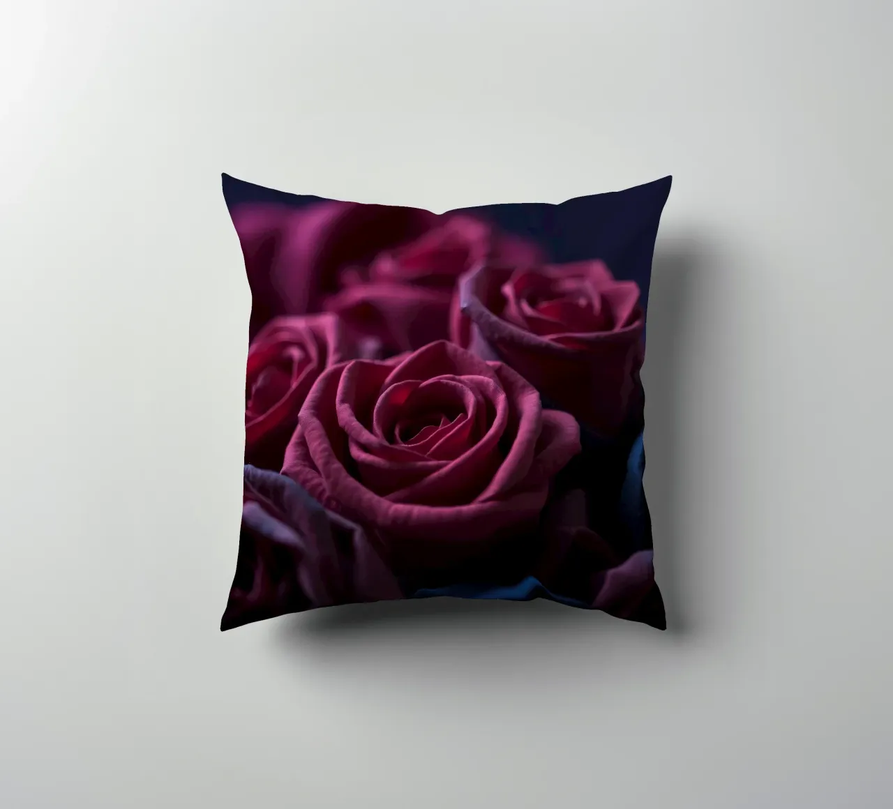 Bouquets of deep red roses arranged artfully in low light decorative cushion by DesignDoodle