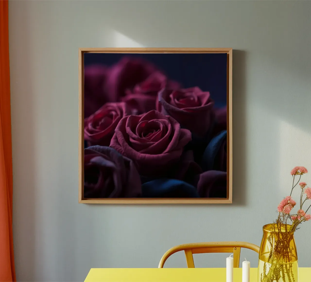 Ramos de rosas de color rojo intenso dispuestos artísticamente con poca luz lienzo de DesignDoodle