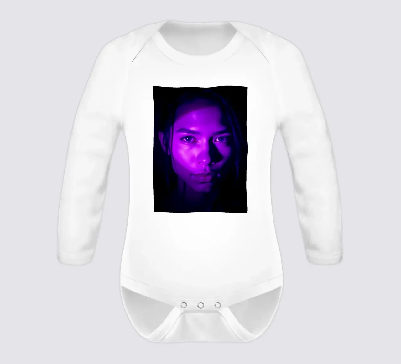Striking portrait with purple lighting highlighting facial long-sleeve baby romper by DesignDoodle