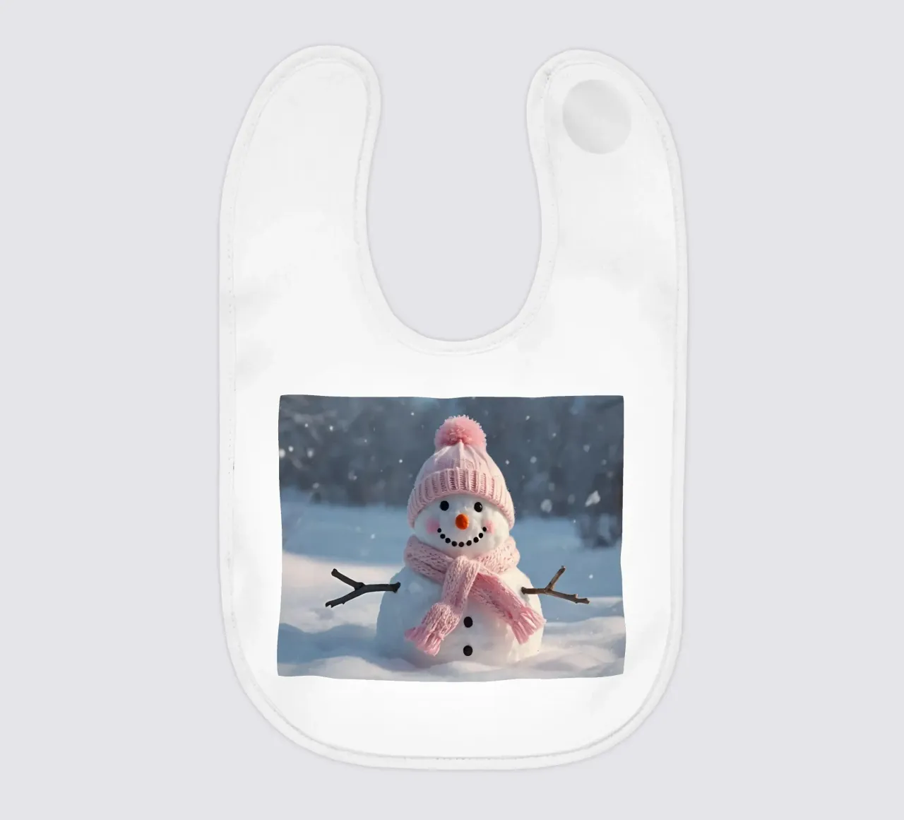 Pupazzo di neve con cappello e sciarpa rosa in piedi in un paesaggio invernale bavaglino da DesignDoodle