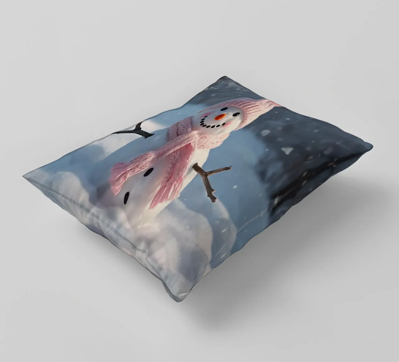 Pupazzo di neve con cappello e sciarpa rosa in piedi in un paesaggio invernale cuscino da DesignDoodle