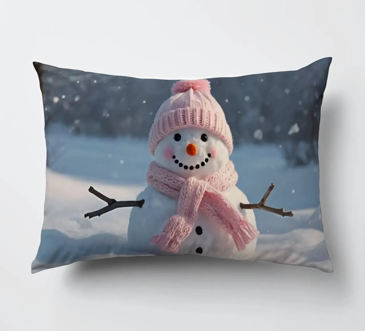 Pupazzo di neve con cappello e sciarpa rosa in piedi in un paesaggio invernale cuscino da DesignDoodle