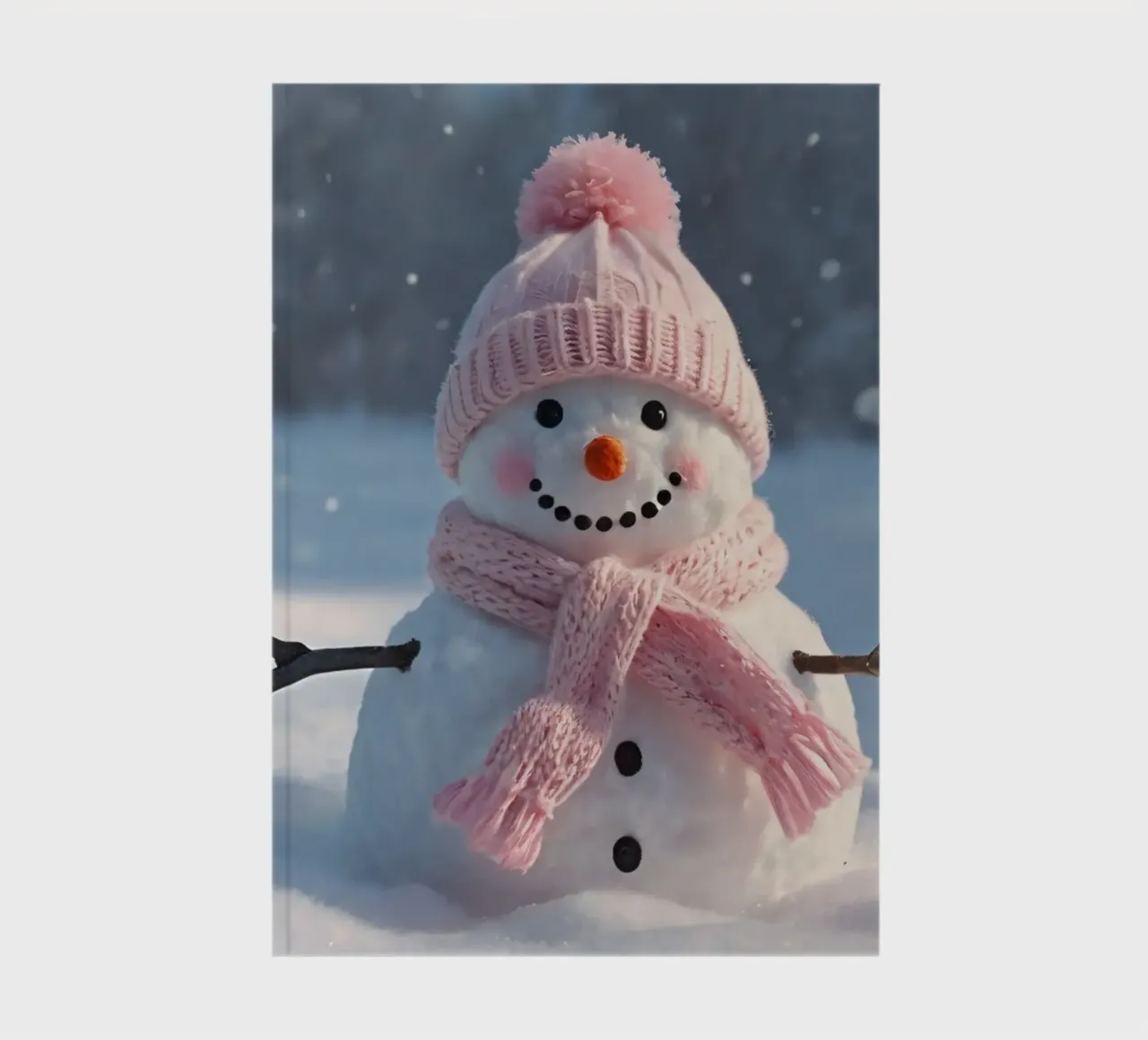 Pupazzo di neve con cappello e sciarpa rosa in piedi in un paesaggio invernale diario da DesignDoodle
