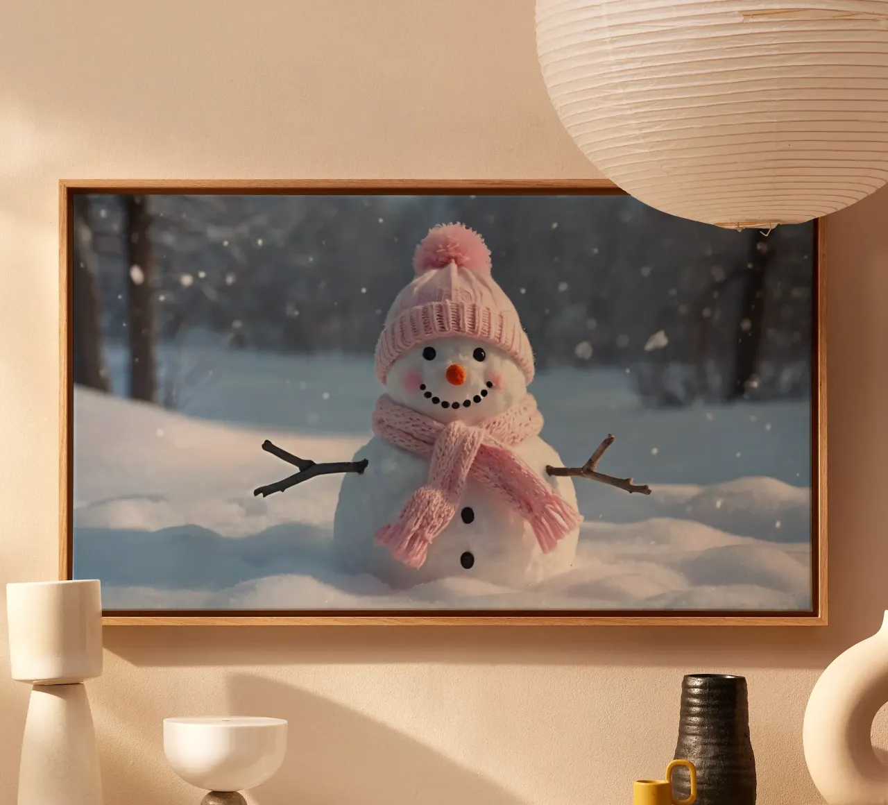 Pupazzo di neve con cappello e sciarpa rosa in piedi in un paesaggio invernale tela da DesignDoodle