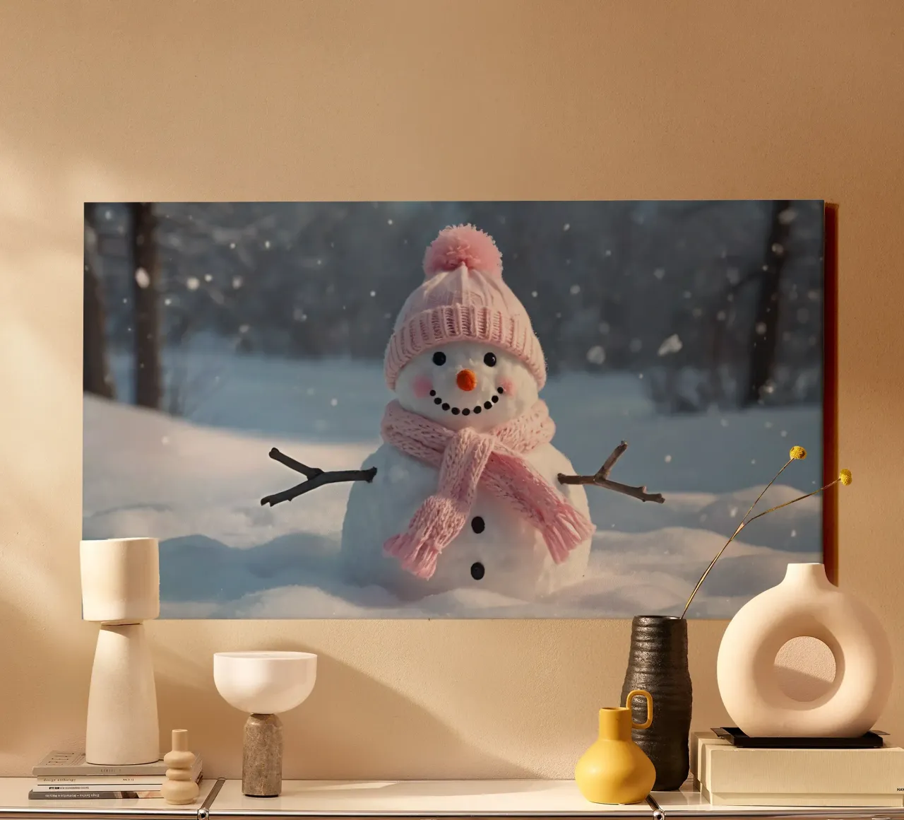 Pupazzo di neve con cappello e sciarpa rosa in piedi in un paesaggio invernale tela da DesignDoodle