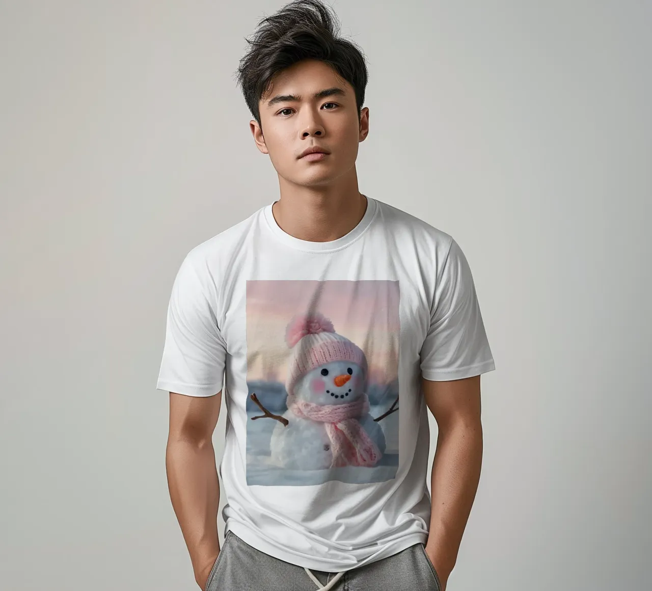 Pupazzo di neve con accessori rosa sorride in un paesaggio invernale t-shirt da DesignDoodle
