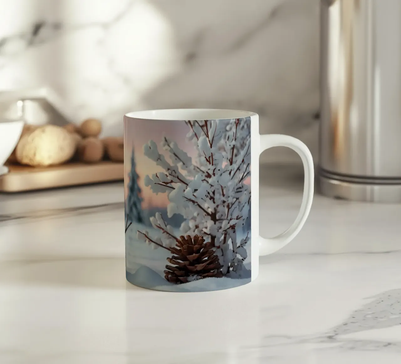 Pupazzo di neve con accessori rosa sorride in un paesaggio invernale tazza in ceramica da DesignDoodle