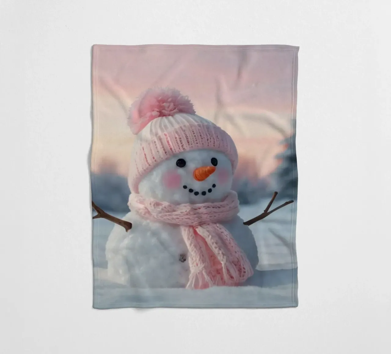 Pupazzo di neve con accessori rosa sorride in un paesaggio invernale coperta in pile da DesignDoodle