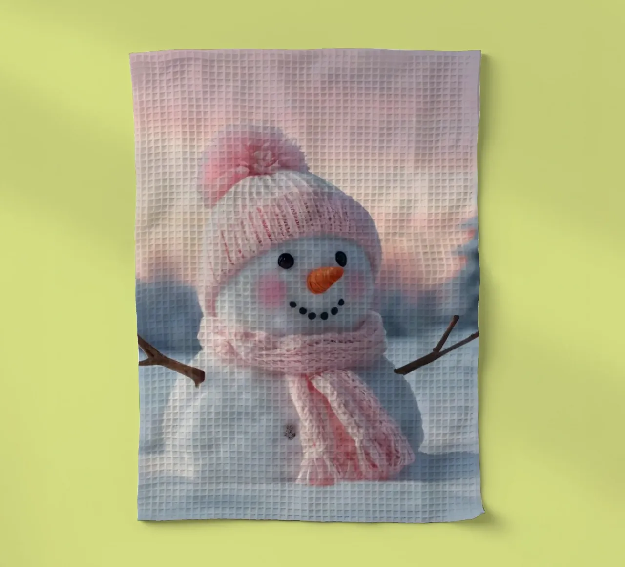 Pupazzo di neve con accessori rosa sorride in un paesaggio invernale canovaccio da cucina da DesignDoodle
