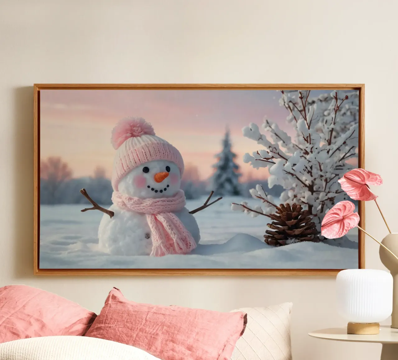 Pupazzo di neve con accessori rosa sorride in un paesaggio invernale tela con Cornice a cassetta da DesignDoodle