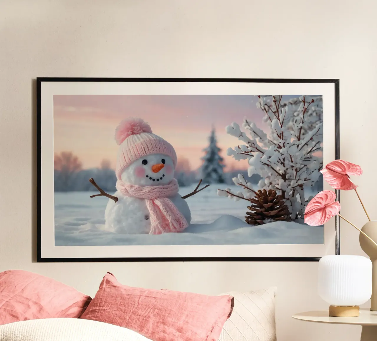 Pupazzo di neve con accessori rosa sorride in un paesaggio invernale poster con telaio in alluminio da DesignDoodle