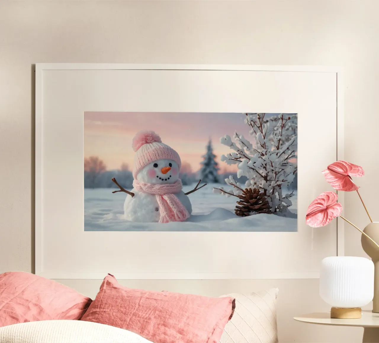 Pupazzo di neve con accessori rosa sorride in un paesaggio invernale poster con telaio in alluminio da DesignDoodle