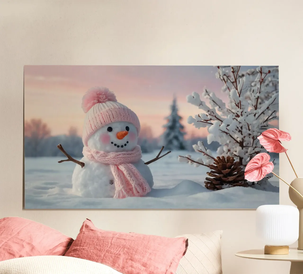 Pupazzo di neve con accessori rosa sorride in un paesaggio invernale poster con telaio in alluminio da DesignDoodle