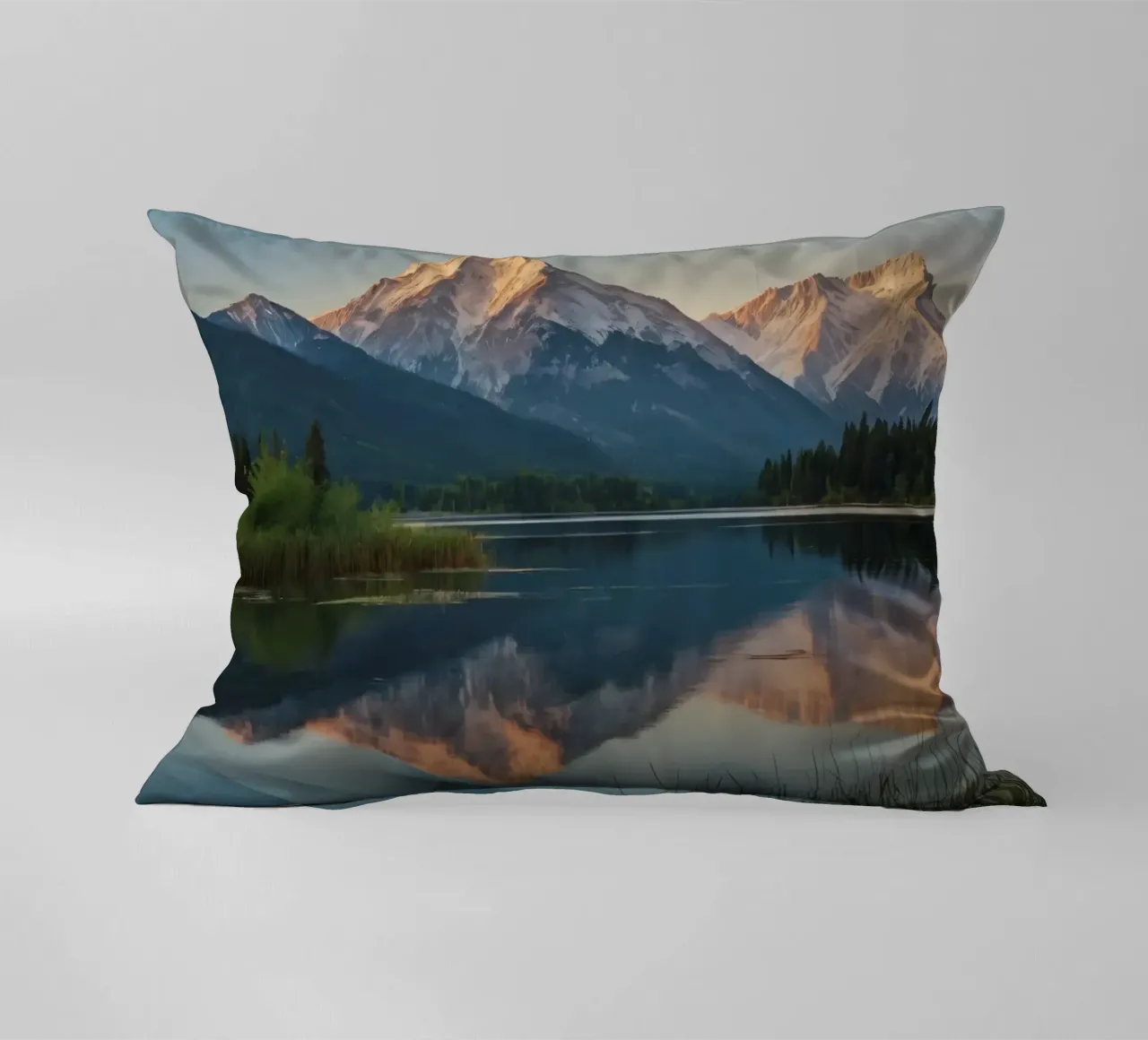 Riflessi di montagne maestose al crepuscolo su un lago cuscino da DesignDoodle