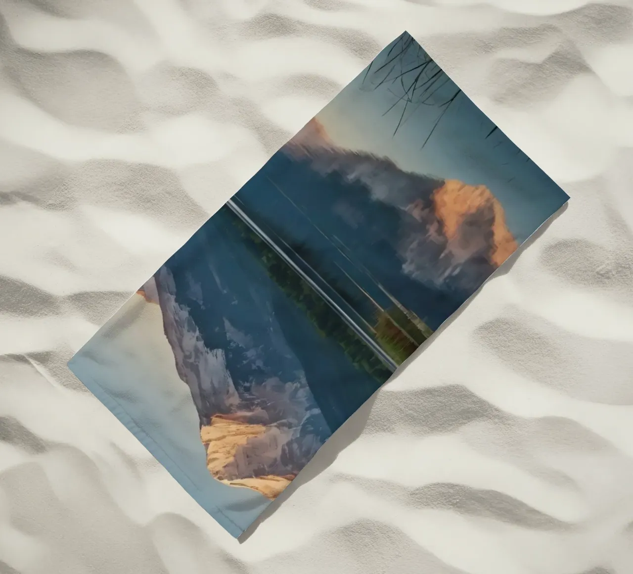 Reflections of majestic mountains at twilight over a lake beach towel by DesignDoodle