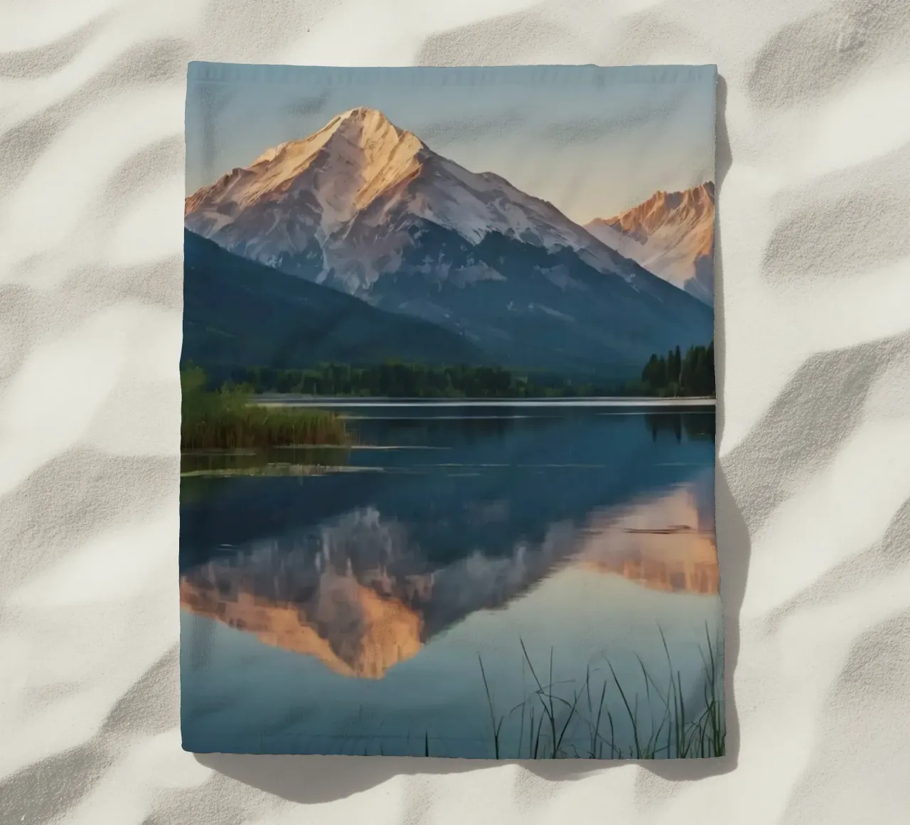 Reflections of majestic mountains at twilight over a lake beach towel by DesignDoodle
